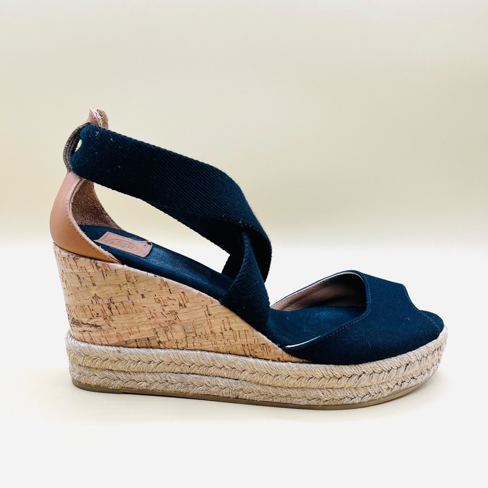 Tory Burch Black & Tan Cross Strap Peep
Toe Cork Wedge Sandal Size 8.5